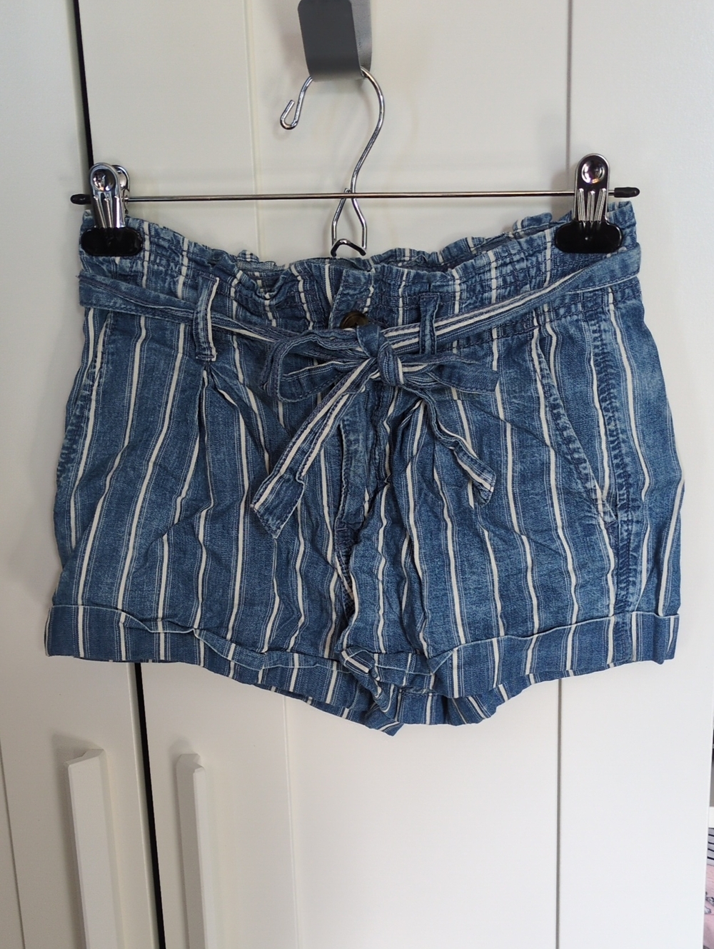 American Eagle Outfitters Blue & White Striped Paperbag Waist Shorts